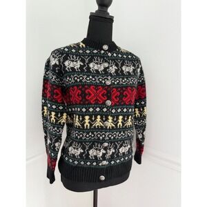 Vintage Wool Cardigan Sweater Reindeer Nordic Black red Size S Fall River‎ cozy